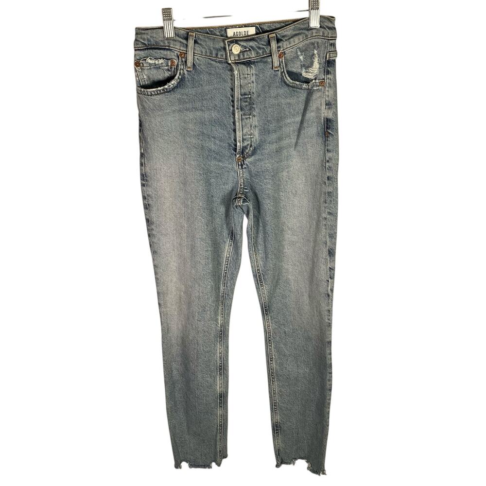 AGOLDE Nico High Rise Slim Jeans Size 26 Button Fly Distressed Hem Organic Denim